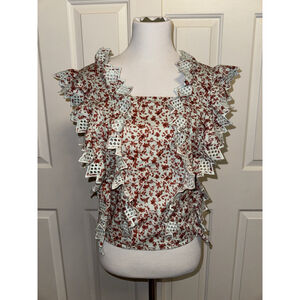 NWT Anthropologie Blue Tassel Trina Floral Ruffle Tie Back Boho Feminine Blouse